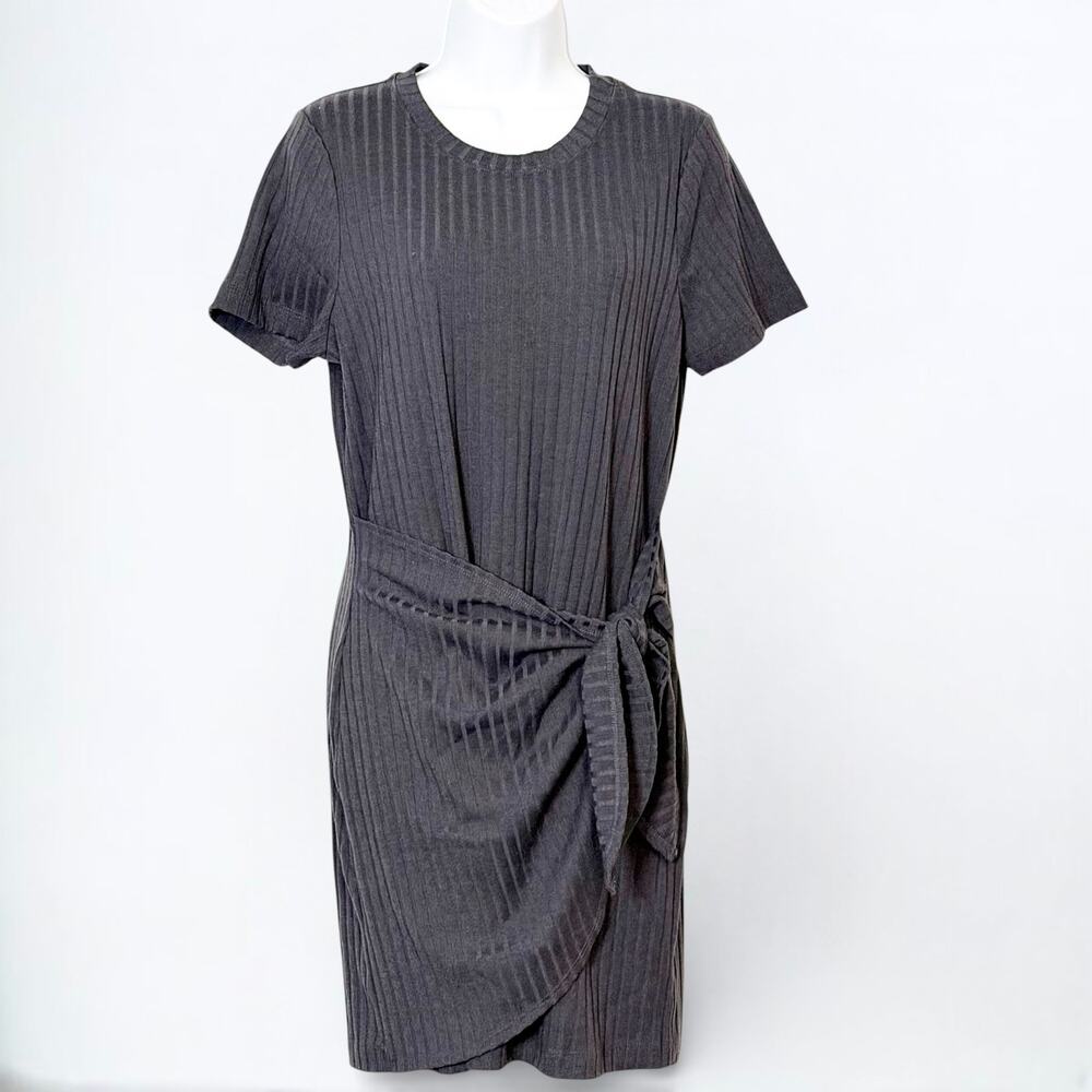Evereve Teagan Knotted Dress Short Sleeve Ribbed Stretch Knit Dark Gray Size M